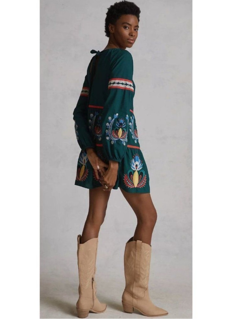 Anthropologie Let Me Be Green Embroidered Mini Tunic Dress Long Sleeves MP